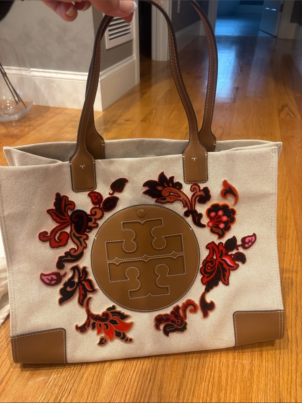 Tory Burch Canvas Tote with Floral felt and Tan Leather Trim
